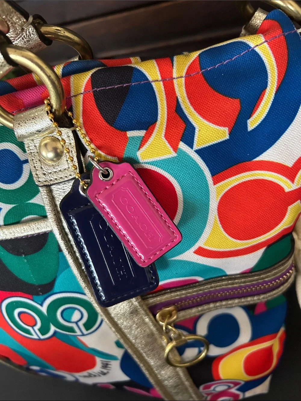 Coach Multicolor Signature Circle Tote with Gold Trim